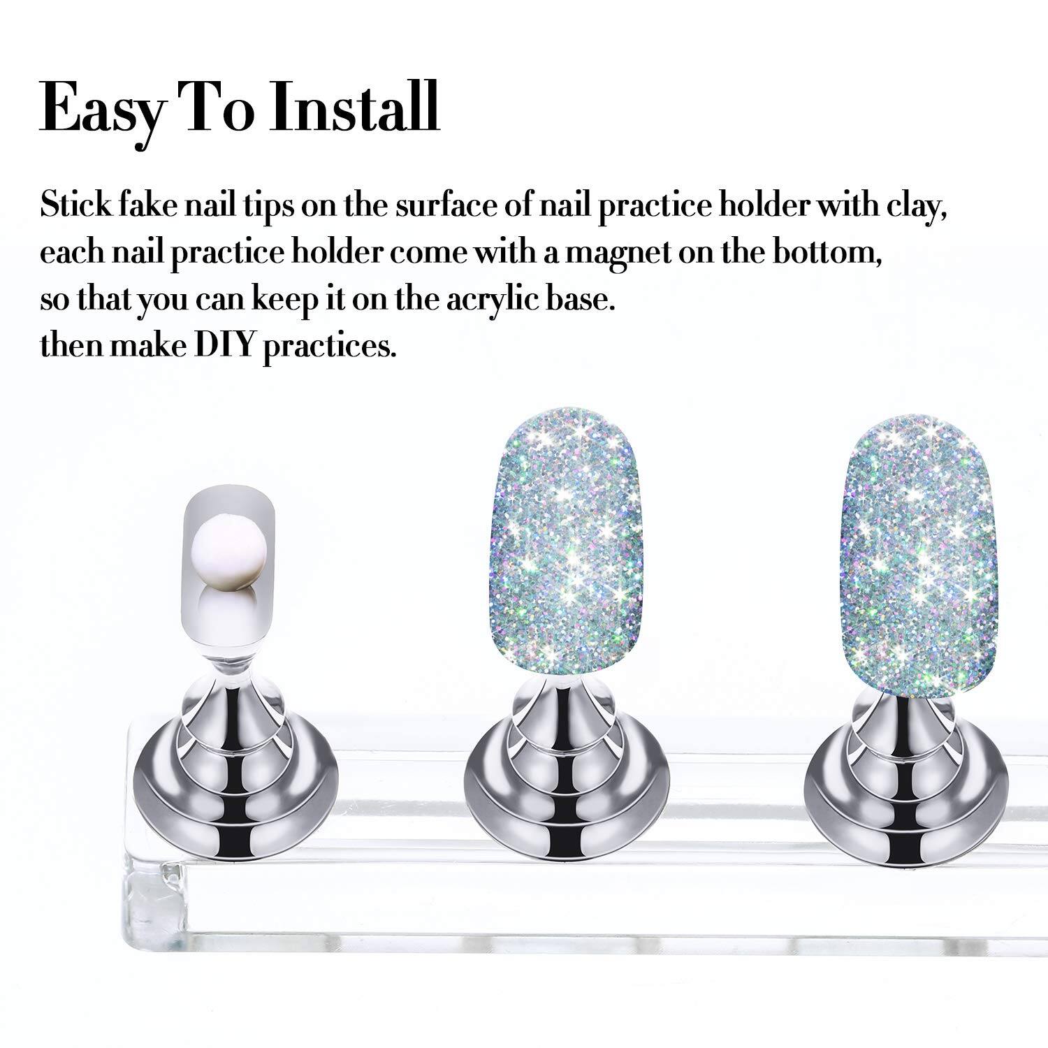 Easy To Install

Stick fake nail tips on the surface of nail practice holder with clay, each nail practice holder come with a magnet on the bottom, so that you can keep it on the acrylic base. then make DIY practices.