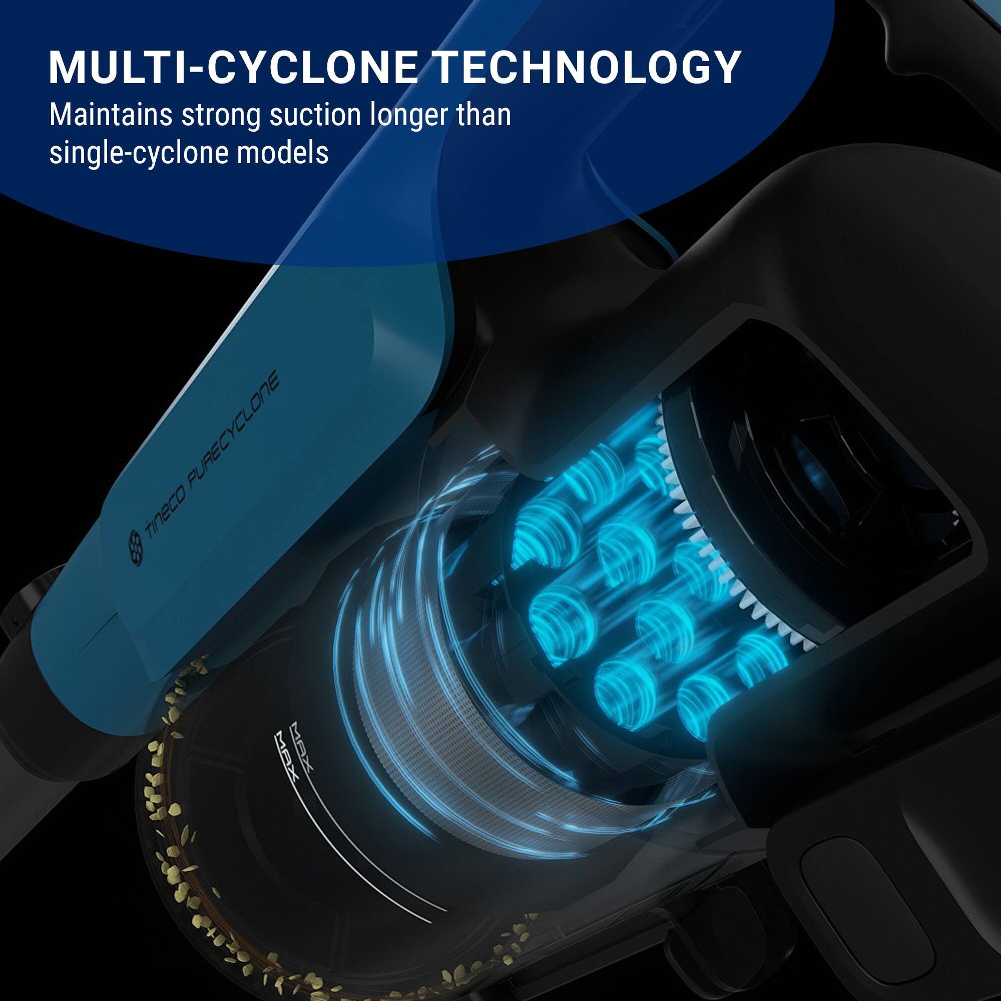 MULTI-CYCLONE TECHNOLOGY Maintains strong suction longer than single-cyclone models. PURECYCLONE TinECO TX