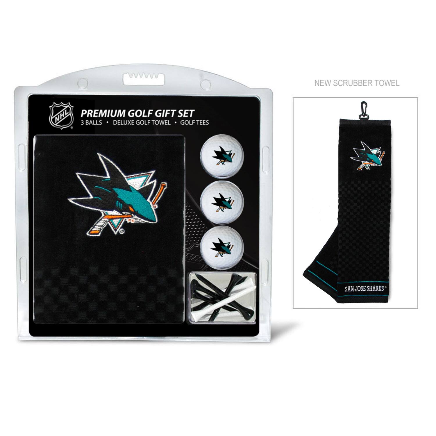 NEW SCRUBBER TOWEL  
NHL PREMIUM GOLF GIFT SET  
3 BALLS • DELUXE GOLF TOWEL • GOLF TEES  
SAN JOSE SHARKS