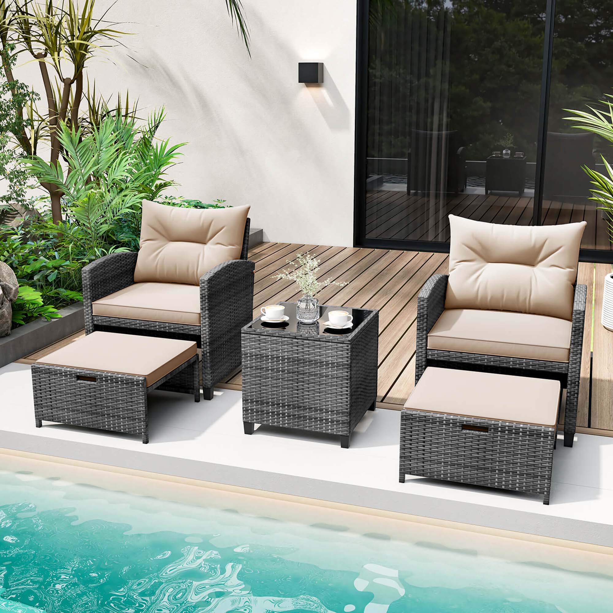 Alt View 1. Costway - Costway 5 PCS Patio Rattan Furniture with 2 Ottomans & Tempered Glass Coffee Table - Beige.