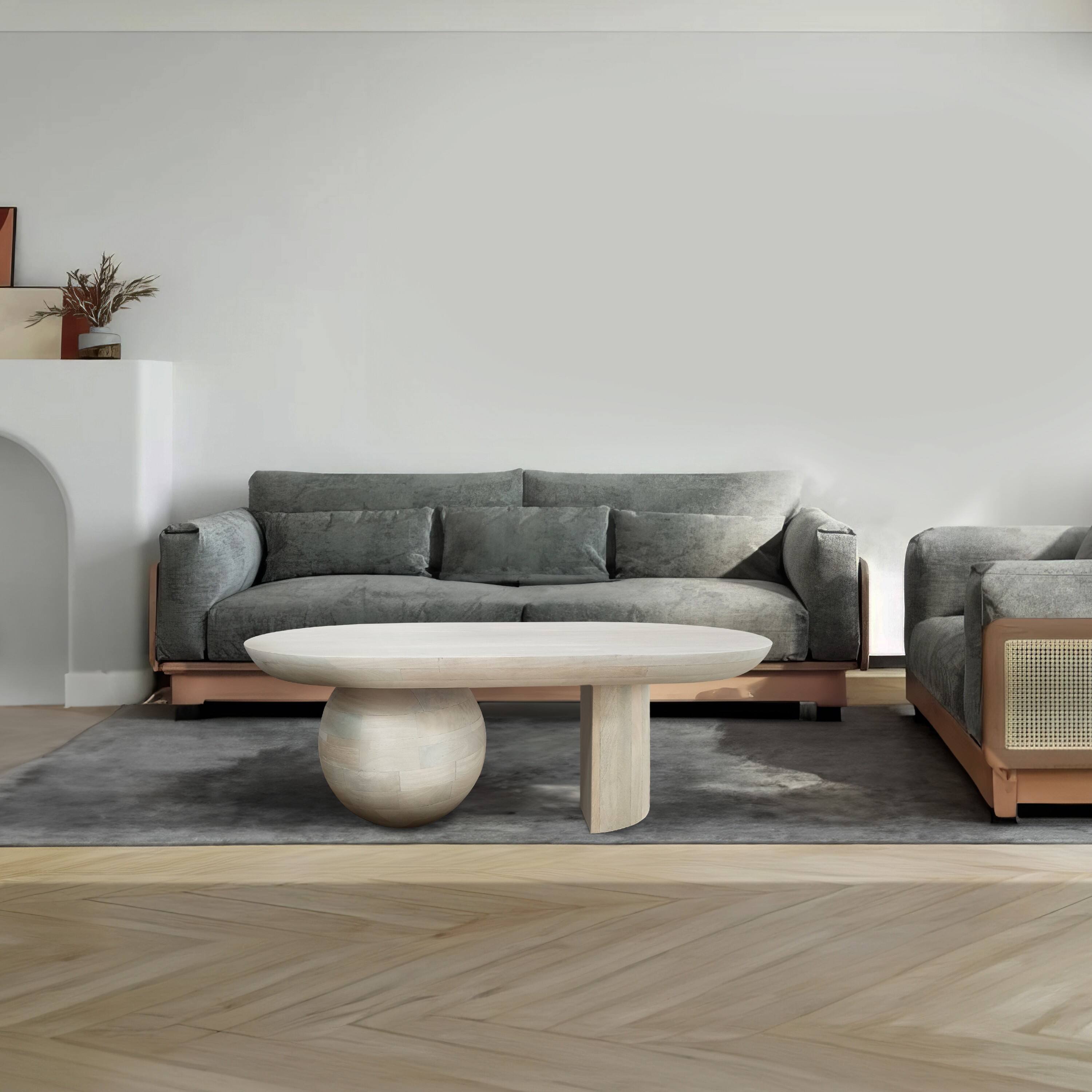 Alt View 10. Manhattan Lane - 38 Inch Coffee Table, Oblong Mango Wood Top with a Modern Ball Leg - White.