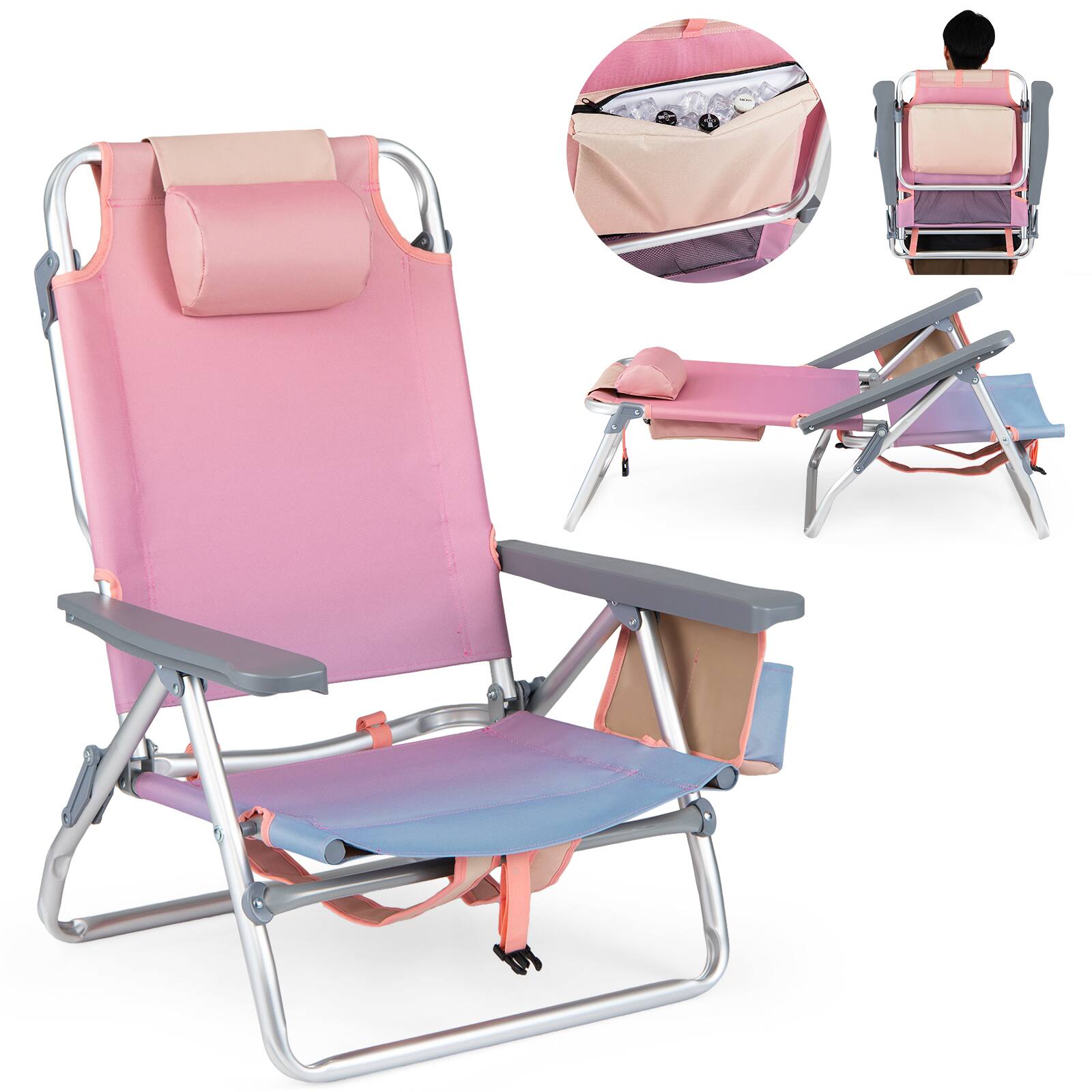 Alt View 9. Costway - Costway 2-Pack Folding Backpack Beach Chair 5-Position Outdoor Reclining Chairs with Pillow - Pink.