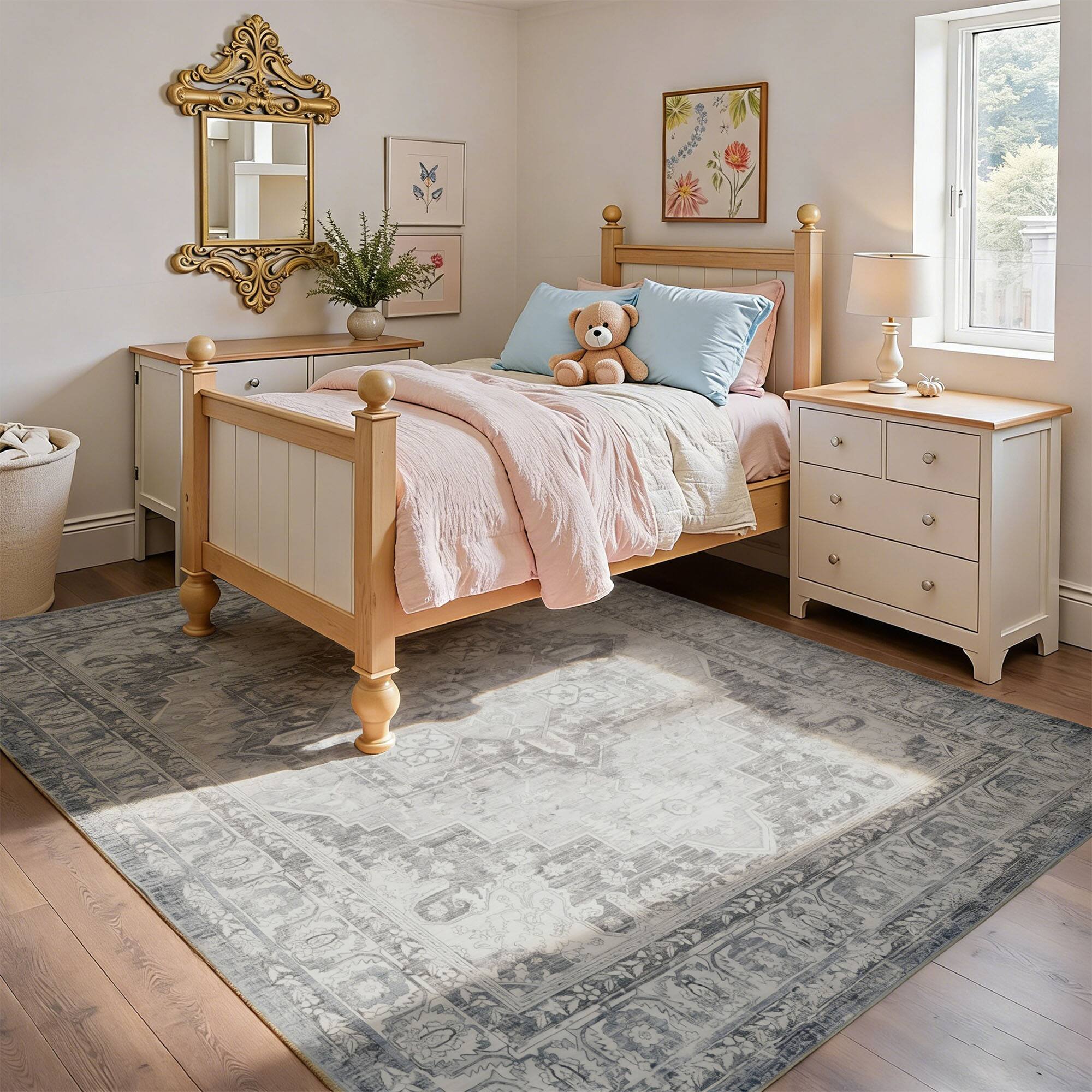 Left. RYHNUYNE - 8x10 Area Rug for Living Room, Washable Soft Thin Rug, No Slip Stain Resistant Carpet for Bedroom Nursery Home(Gray Blue - Gray Blue.