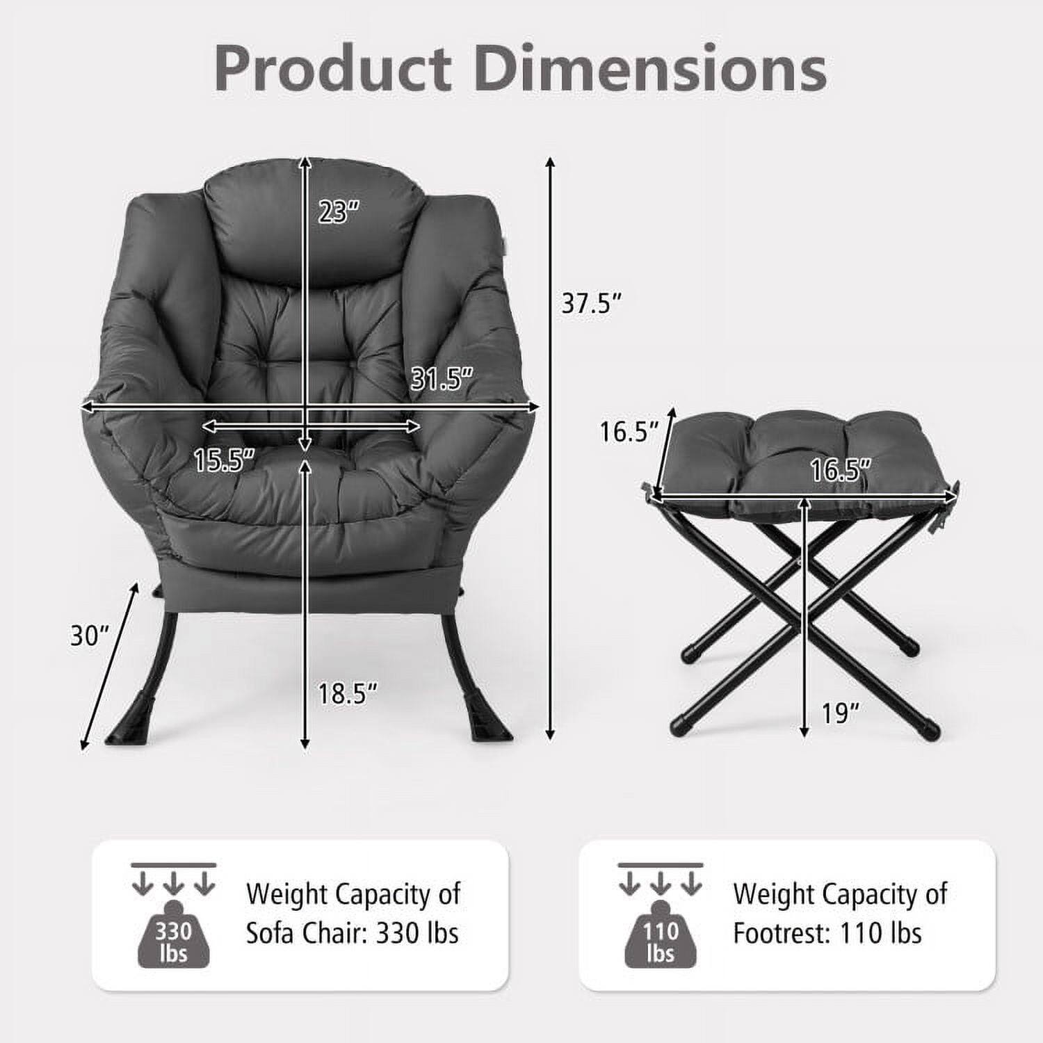 Product Dimensions:  
- 23"  
- 37.5"  
- 31.5"  
- 15.5"  
- 16.5"  
- 16.5"  
- 30"  
- 18.5"  
- 19"  

Weight Capacity of Sofa Chair: 330 lbs  
Weight Capacity of Footrest: 110 lbs