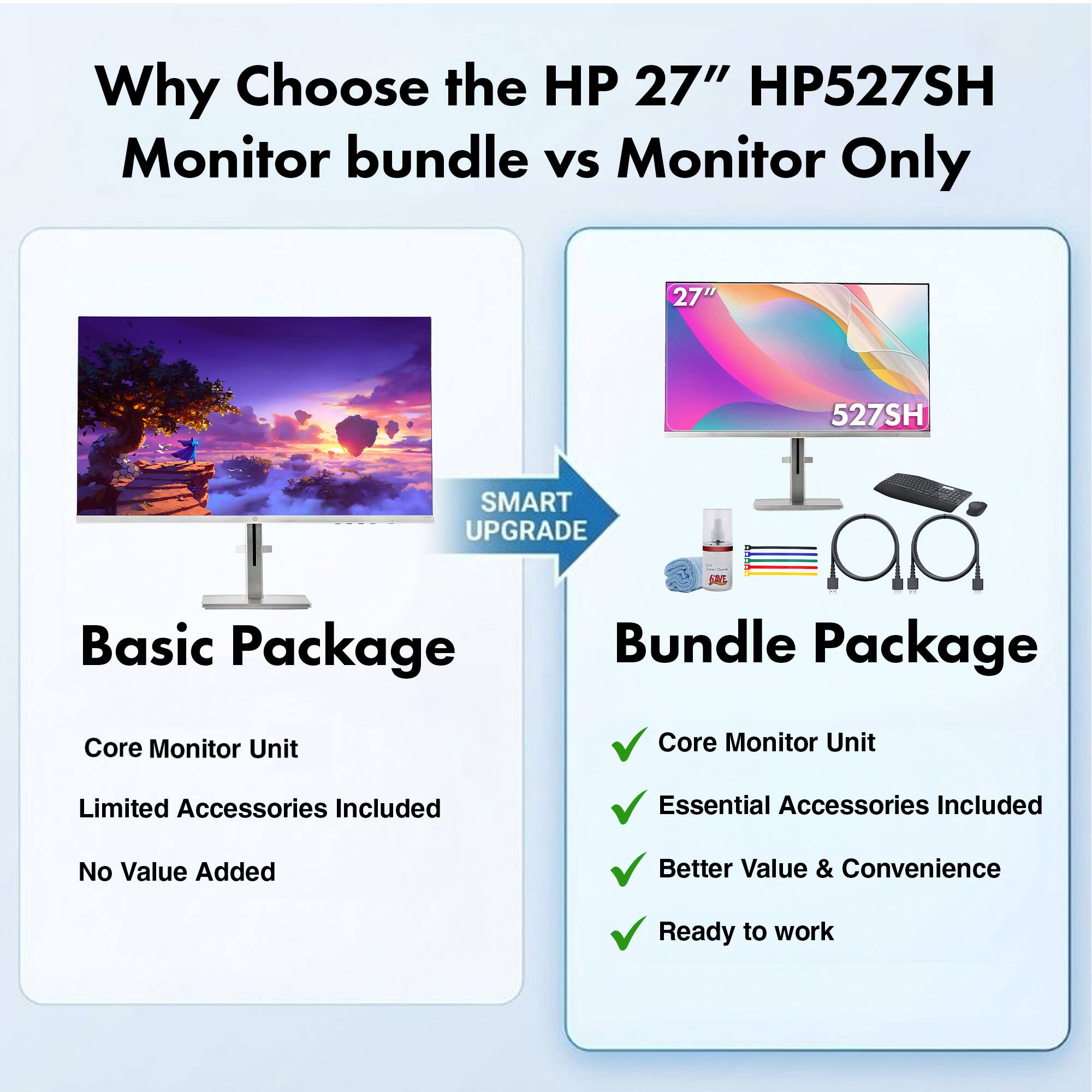 Why Choose the HP 27" HP527SH Monitor bundle vs Monitor Only

Basic Package
- Core Monitor Unit
- Limited Accessories Included
- No Value Added

Bundle Package
- Core Monitor Unit
- Essential Accessories Included
- Better Value & Convenience
- Ready to work