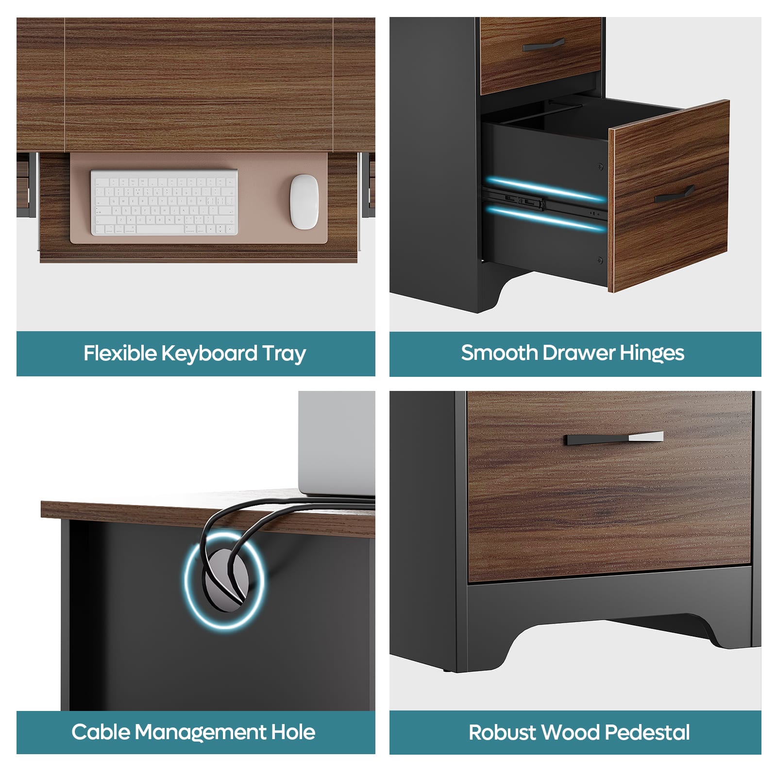 The text on the image is grouped and corrected as follows:
1. Flexible Keyboard Tray
2. Smooth Drawer Hinges
3. Cable Management Hole
4. Robust Wood Pedestal