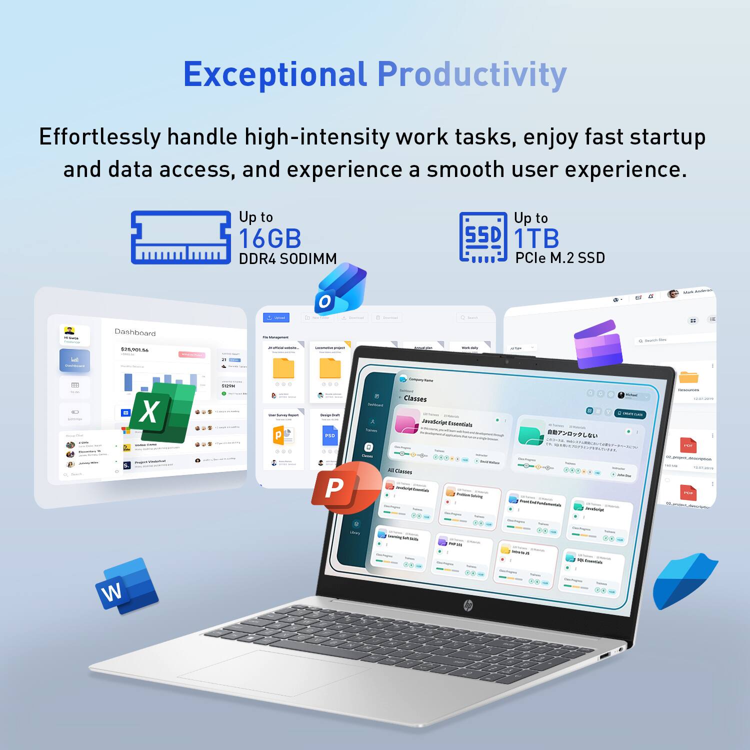 Exceptional Productivity

Effortlessly handle high-intensity work tasks, enjoy fast startup and data access, and experience a smooth user experience.

Up to 16GB DDR4 SODIMM

Up to 1TB PCIe M.2 SSD

Classes
JavaScript Essentials
AI Classes
-