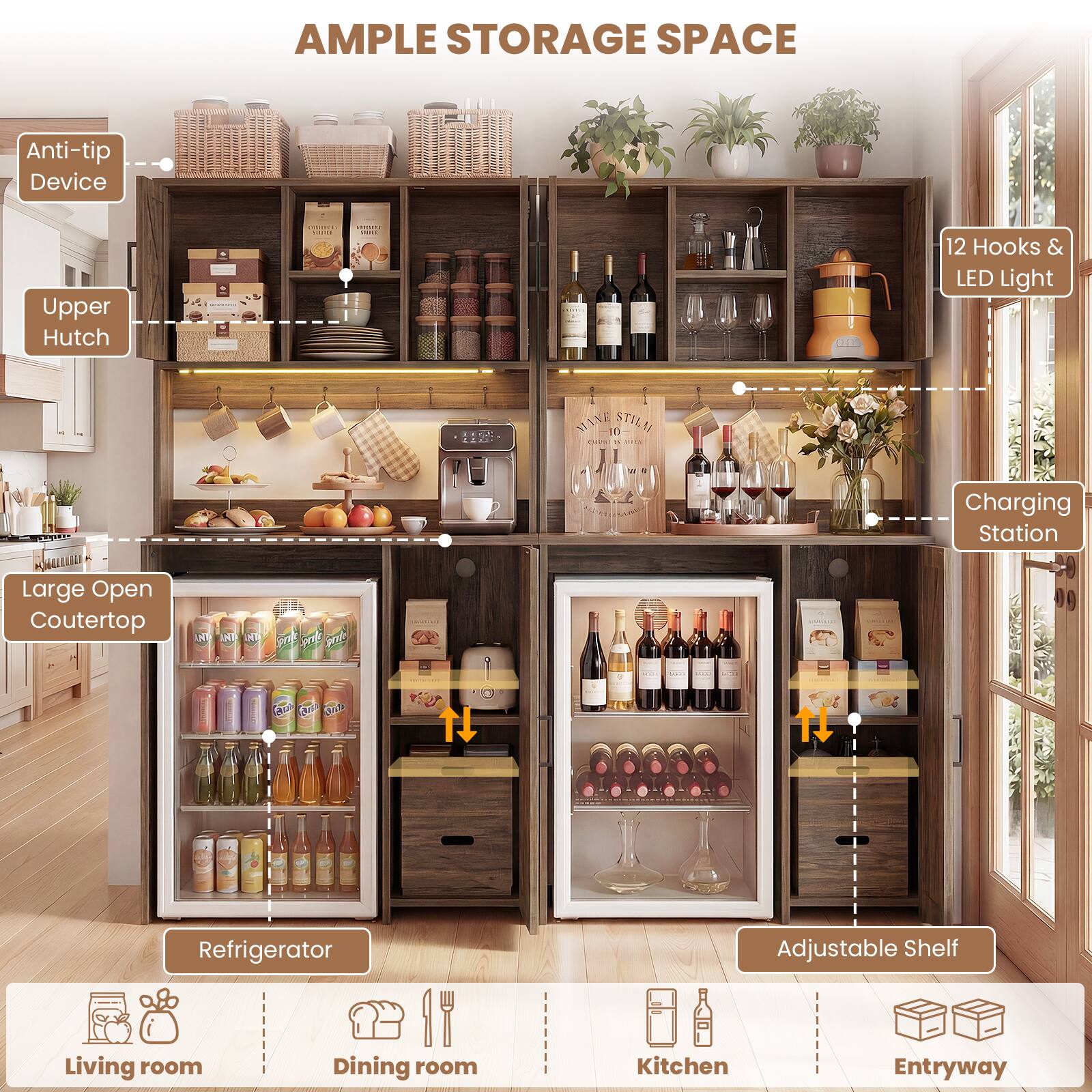 AMPLE STORAGE SPACE

- Anti-tip Device
- Upper Hutch
- 12 Hooks & LED Light
- Charging Station
- Large Open Countertop
- Refrigerator
- Adjustable Shelf

Living room | Dining room | Kitchen | Entryway