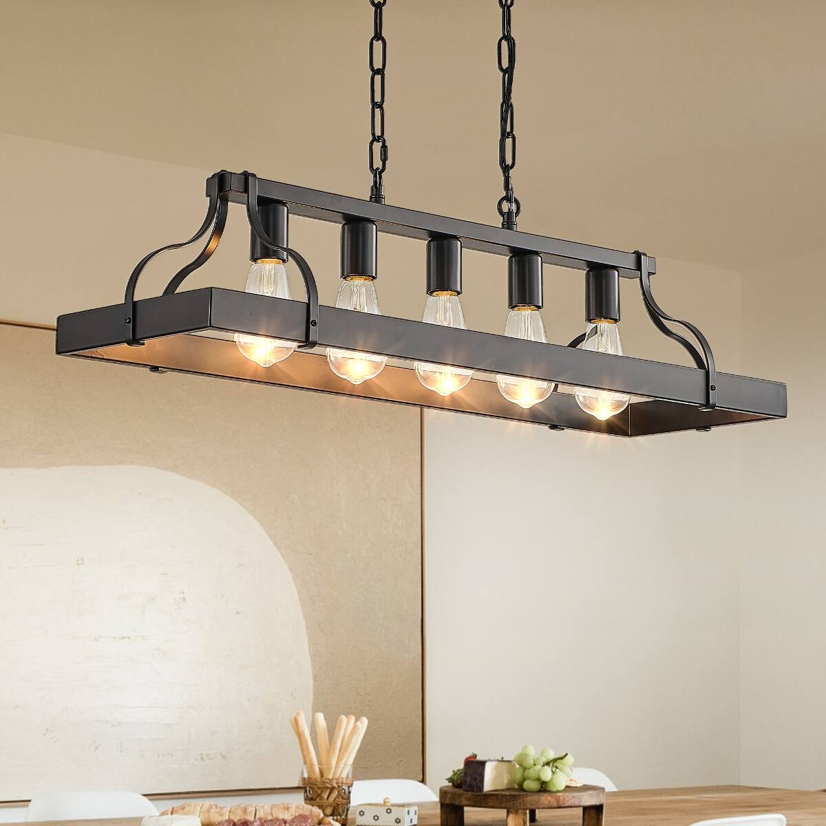 Back. Loheer - Loheer 34 Inch Black Pendant Light, Five Light E26 Industrial Linear Chandelier with Adjustable Chain.