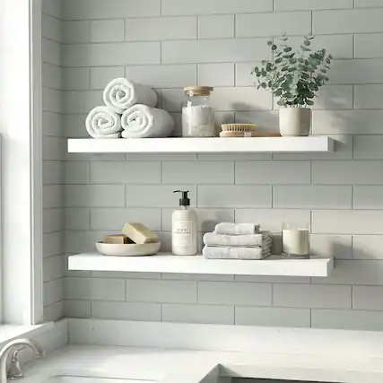 Front. Kadyn - Bright White Floating Wall Shelves, Minimalist Sag-Free Storage with Invisible Bracket and Military-Grade Iron - White.
