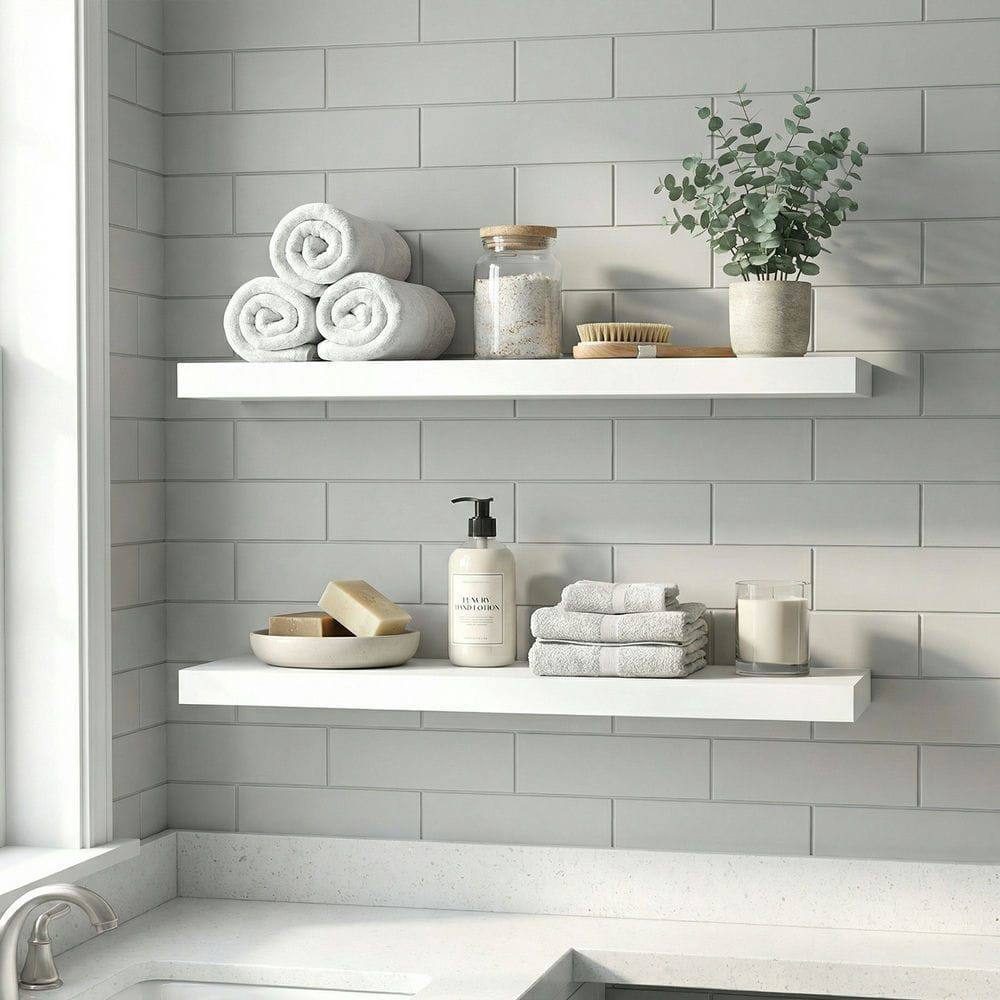 Front. Kadyn - Bright White Floating Wall Shelves, Minimalist Sag-Free Storage with Invisible Bracket and Military-Grade Iron - White.