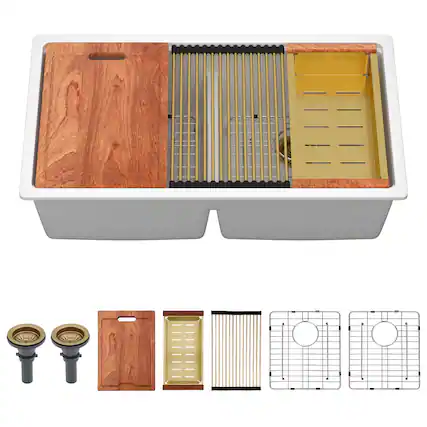 Front. Lordear - 33x19x10 Inch White Granite Composite Undermount kitchen Sink 50/50 Double Bowl Quartz Kitchen Sink - White.