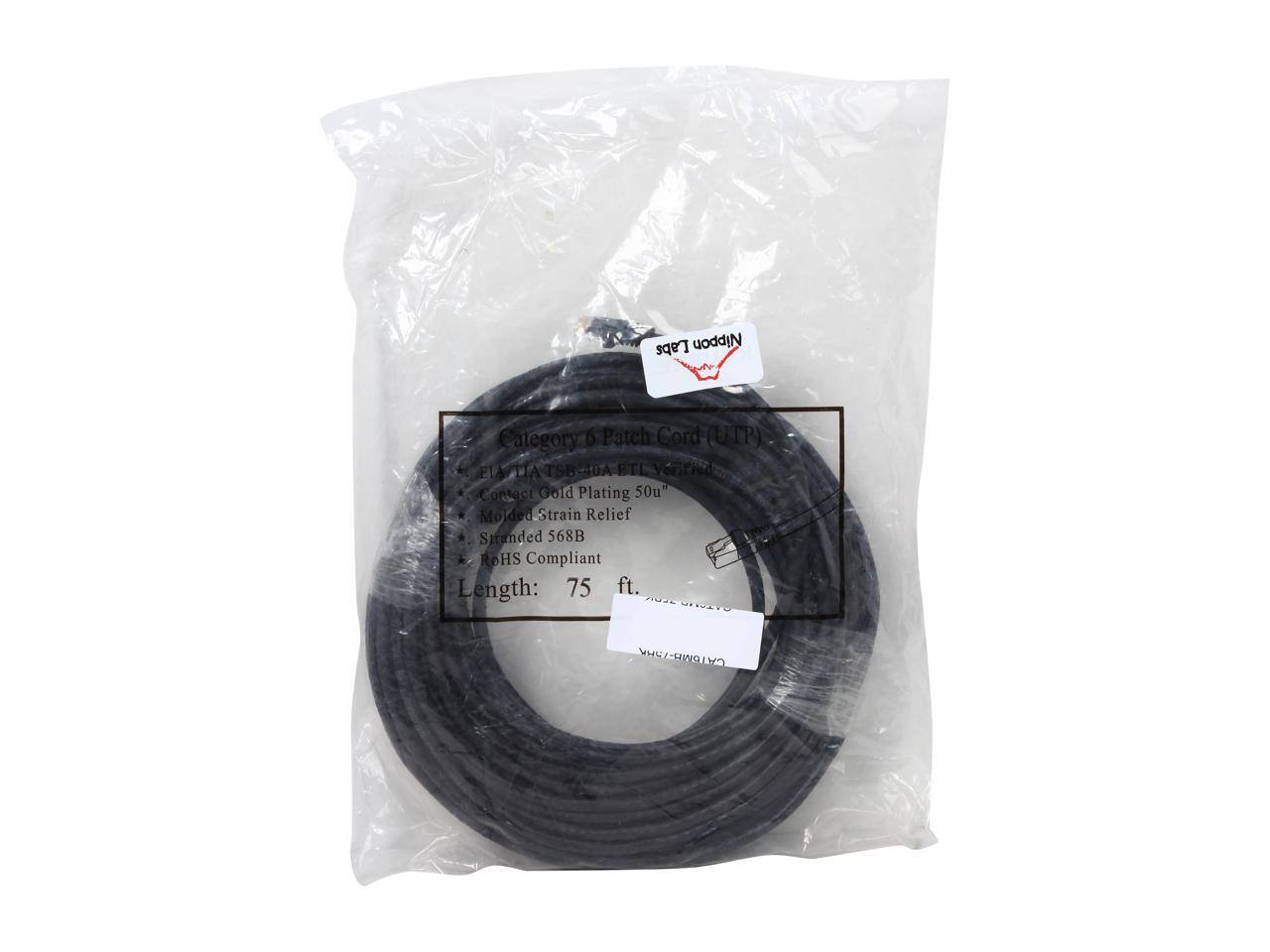 Labs Nippon Category 6 Patch Cord (UTP)  
FLA TIA TSB 4DA BTL  
Verified Contact Gold Plating 50u"  
Molded Strain Relief  
Stranded 568B  
RoHS Compliant  
Length: 75 ft.  
CATUMB-7AHA