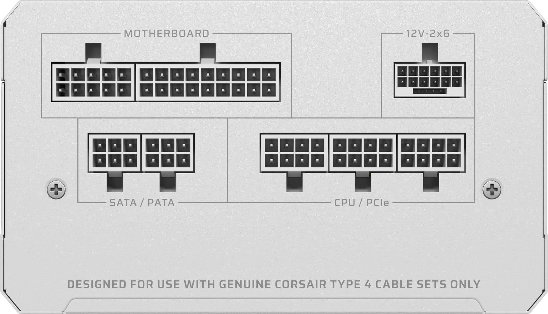 The image shows a diagram of a motherboard with various ports and connections. The text on the image reads: "MOTHERBOARD 12V-2x6 - = . = . - . . . . . . . . . . . . . . . . le . - - . . . . . - . . . . - . . - . . = - . . . = - - = - = - . = . . . . . - . . . . . . . - = = + SATA / PATA CPU / PCle / + DESIGNED FOR USE WITH GENUINE CORSAIR TYPE 4 CABLE SETS ONLY."