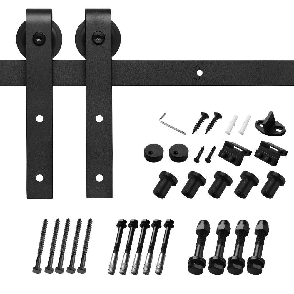 Front. Boyel Living - 8 ft./96 in. Black Steel Bent Strap Sliding Barn Door Track and Hardware Kit for Single Door with Floor Guide - Black.