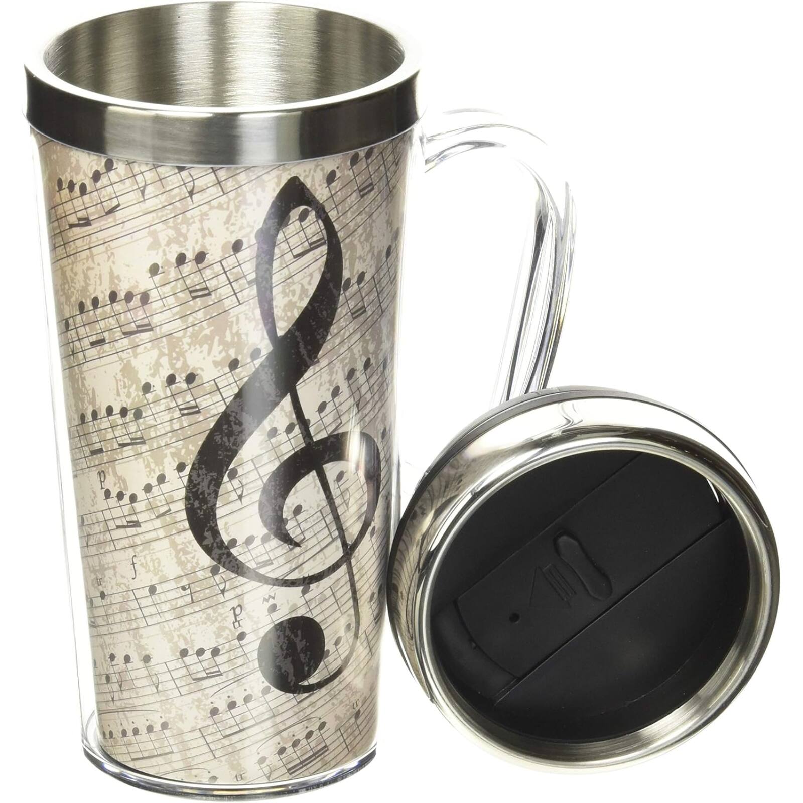 Left. Spoontiques - Spoontiques Music Notes Double Walled Stainless and Acrylic Insulated Travel Mug 14 ounce - Beige.