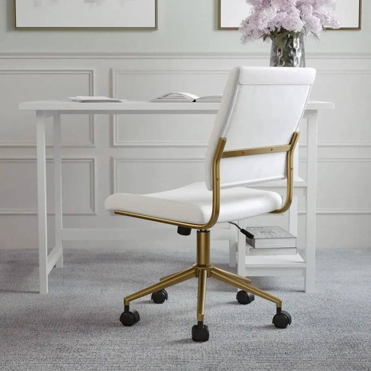 Alt View 4. Martha Stewart - Elegant Armless Swivel Office Chair for Home & Desk - White Faux Leather/Polished Brass.