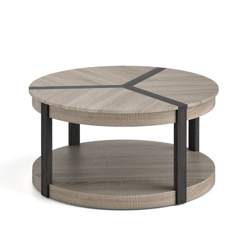 Back. WELLFOR - 34.5" Modern Round Center Table with Storage Shelf, 2-Tier Wood Center Table for Living Room - Gray.