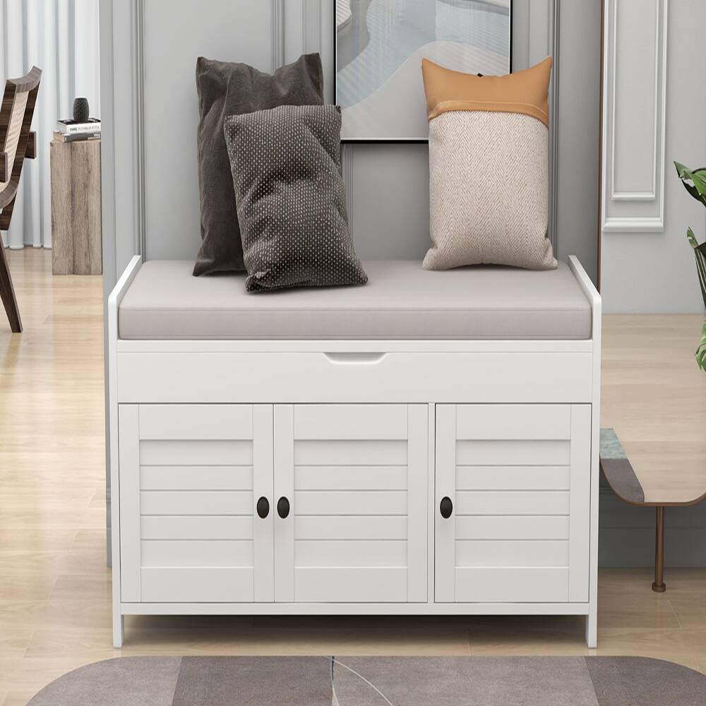 Left. Ropilly - Ropilly White Storage Bench with Cushion and Shutter Doors, Entryway Shoe Bench with Hidden Storage, 43.5 Inch - White.