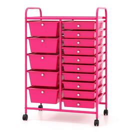 Gymax - 15 Drawer Rolling Storage Cart Opaque Multicolor Drawers Home Organizer Mixed - Hot Pink
