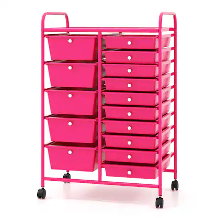 Front. Gymax - Gymax 15 Drawer Rolling Storage Cart Opaque Multicolor Drawers Home Organizer Mixed Hot Pink - Hot Pink.