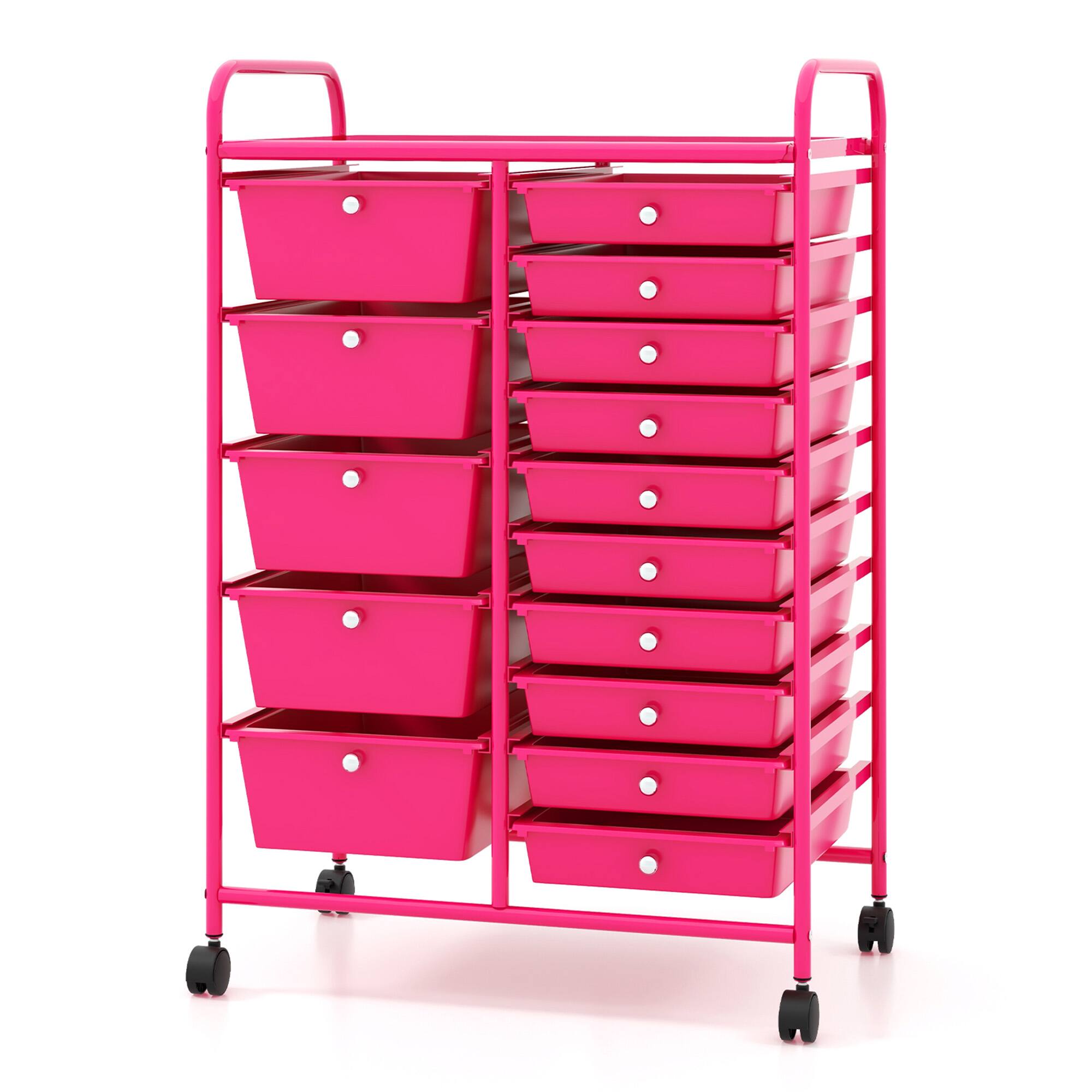 Front. Gymax - Gymax 15 Drawer Rolling Storage Cart Opaque Multicolor Drawers Home Organizer Mixed Hot Pink - Hot Pink.