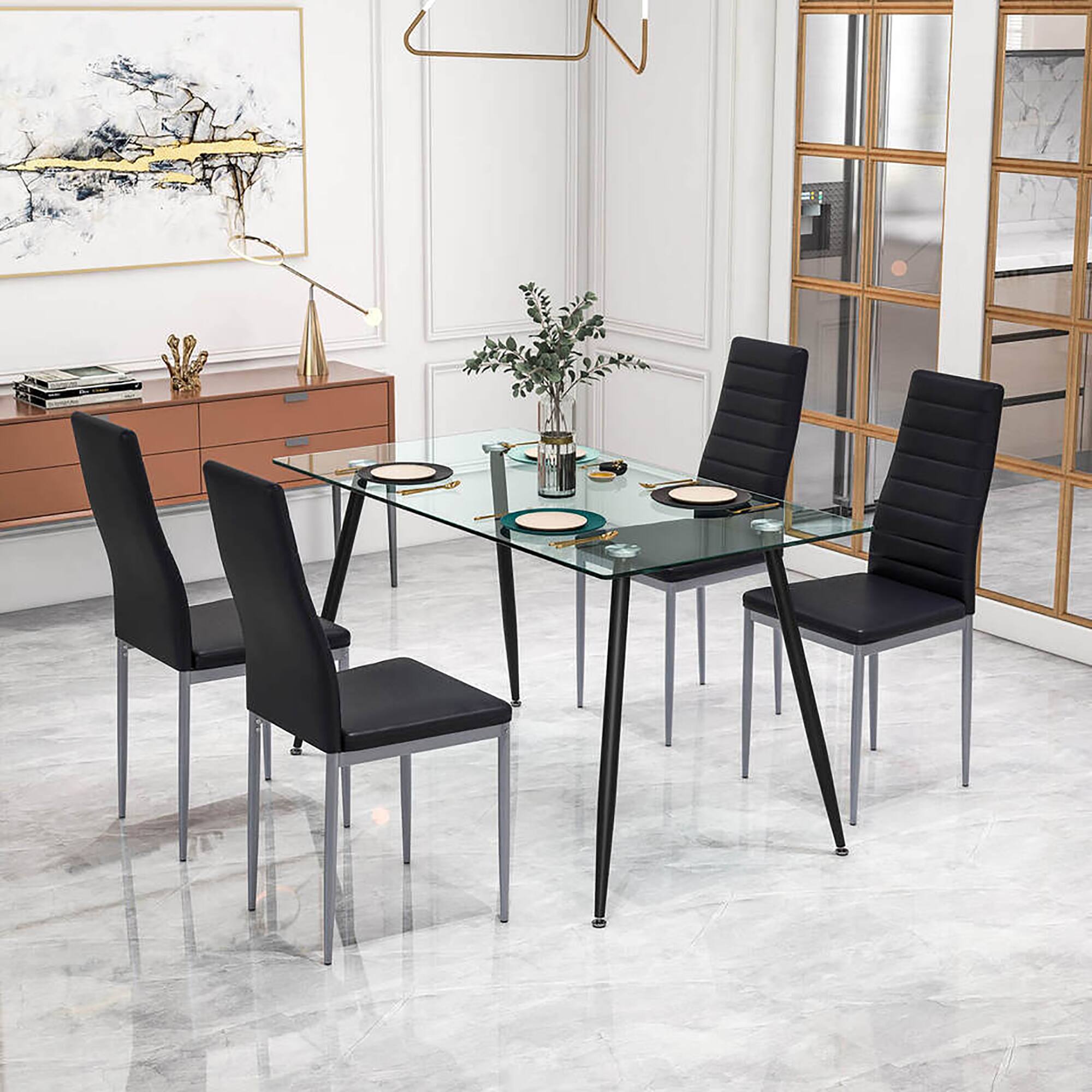 Alt View 3. Gymax - Gymax 5 PCS 51'' Rectangle Dining Set 0.3'' Thick Glass Table w/ 4 Padded Dining Chairs - Silver, Black.