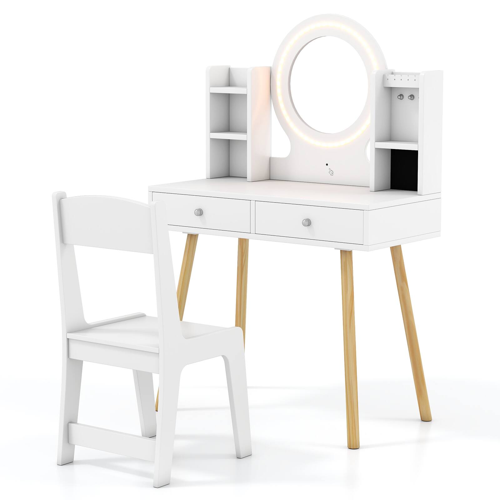 Alt View 1. Costway - Costway Kids Vanity Set Princess Vanity Desk Set with 2-Color LED Lighted Acrylic Mirror - White.