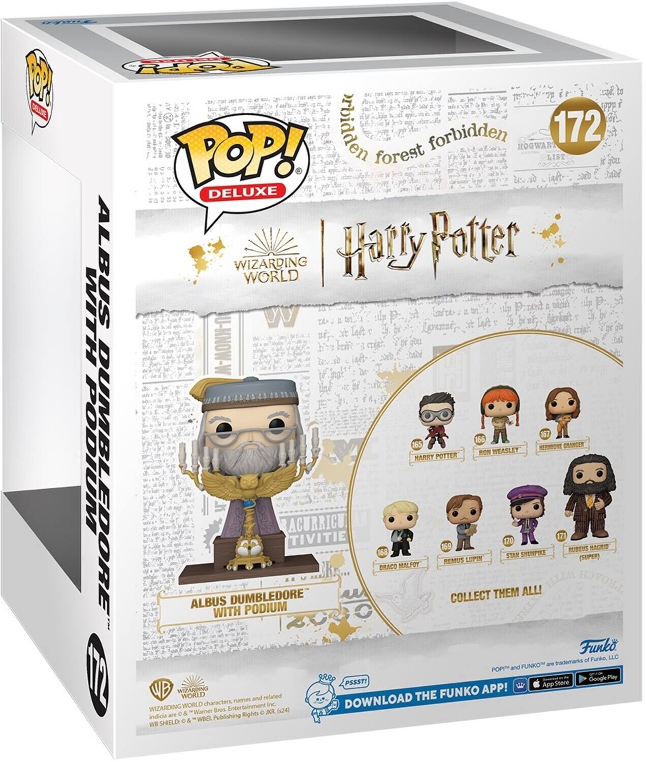 The text on the image can be grouped and corrected as follows:

**Product Information:**
- "POP! Deluxe Harry Potter Wizarding World"
- "Forbidden Forest 172"
- "Albus Dumbledore with Podium"
- "Harry Potter 166"
- "Ron Weasley 167"
- "Hermione Granger 168"
- "Draco Malfoy 170"
- "Remus Lupin (Soper) 169"
- "Rubeus Hagrid 171"
- "Stan Shunpike 170"
- "Funko of Funko LLC"
- "POP! and Funko are trademarks of Funko LLC"
- "Wizarding World characters, names and related indicia are trademarks of Warner Bros. Entertainment Inc. (24)"
- "Download the Funko App! App Store Google Play"

**Legal Information:**
- "J.K. Rowling Publishing Rights"
- "WB EL Publishing Rights"

**Additional Text:**
- "Collect Them All!"
- "The Forbidden Forest"
- "Hogwarts"
- "172" (number of items in the collection)

This text is likely from the packaging of a Funko Pop! Deluxe Harry Potter collection.