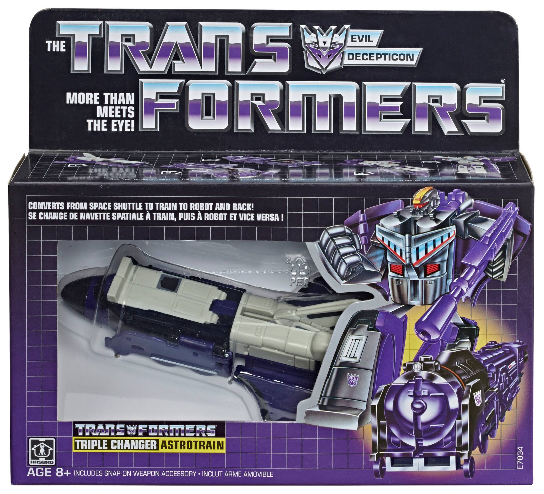 The Transformers  
Evil Decepticon  
More Than Meets the Eye!  
Converts from Space Shuttle to Train to Robot and Back!  
Se Change de Navette Spatiale à Train, Puis à Robot et Vice Versa!  
Transformers Triple Changer Astrotrain  
Age 8+ Includes Snap-On Weapon Accessory - Inclut Arme Amovible