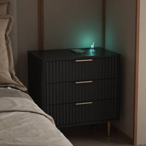 Left. LUCKY ONE - Assembled Nightstand with Charging Station Voice Light USB Storage Cabinet - Black.