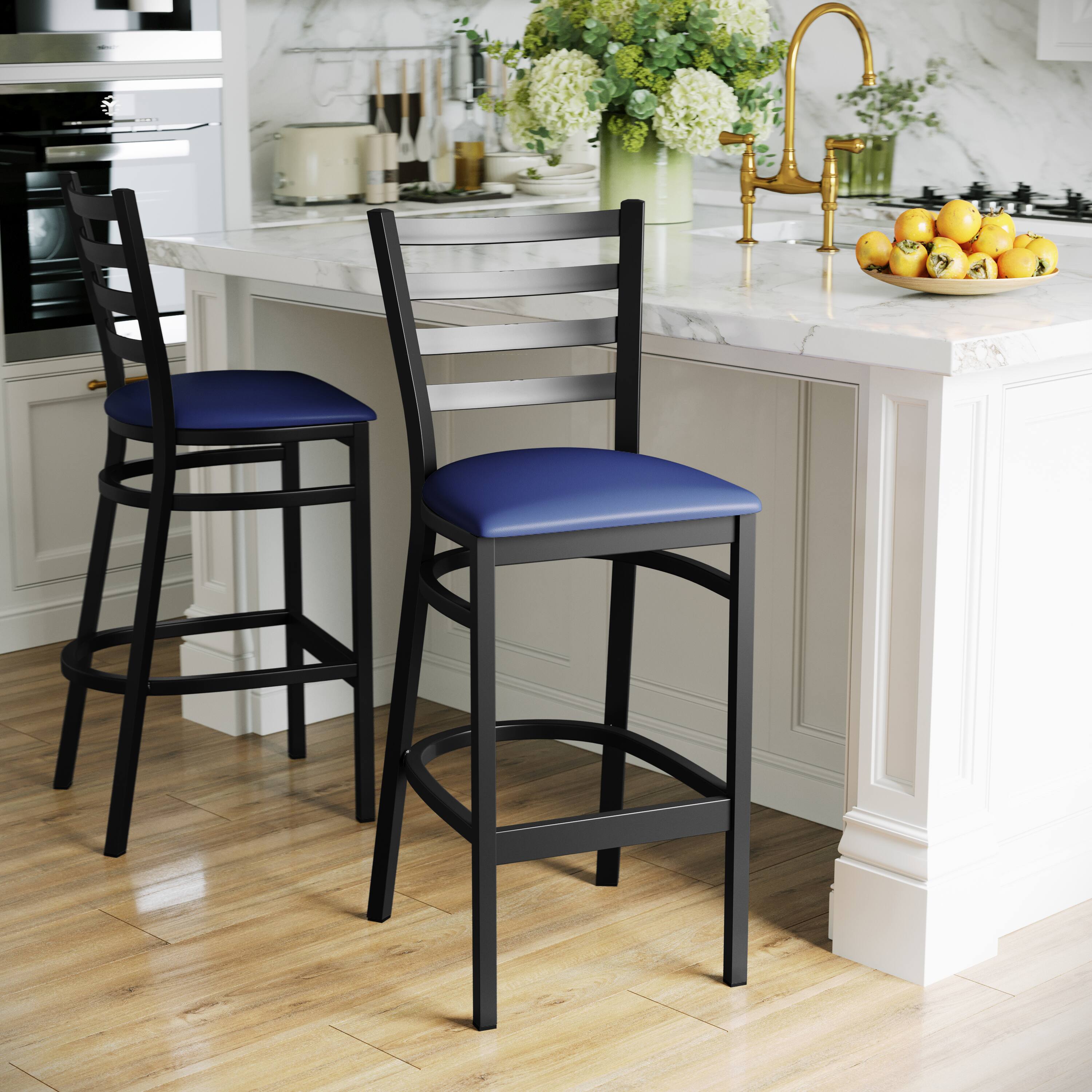 Alt View 2. Flash Furniture - HERCULES Black Ladder Back Metal Restaurant Barstool - Blue Vinyl Seat - Blue.