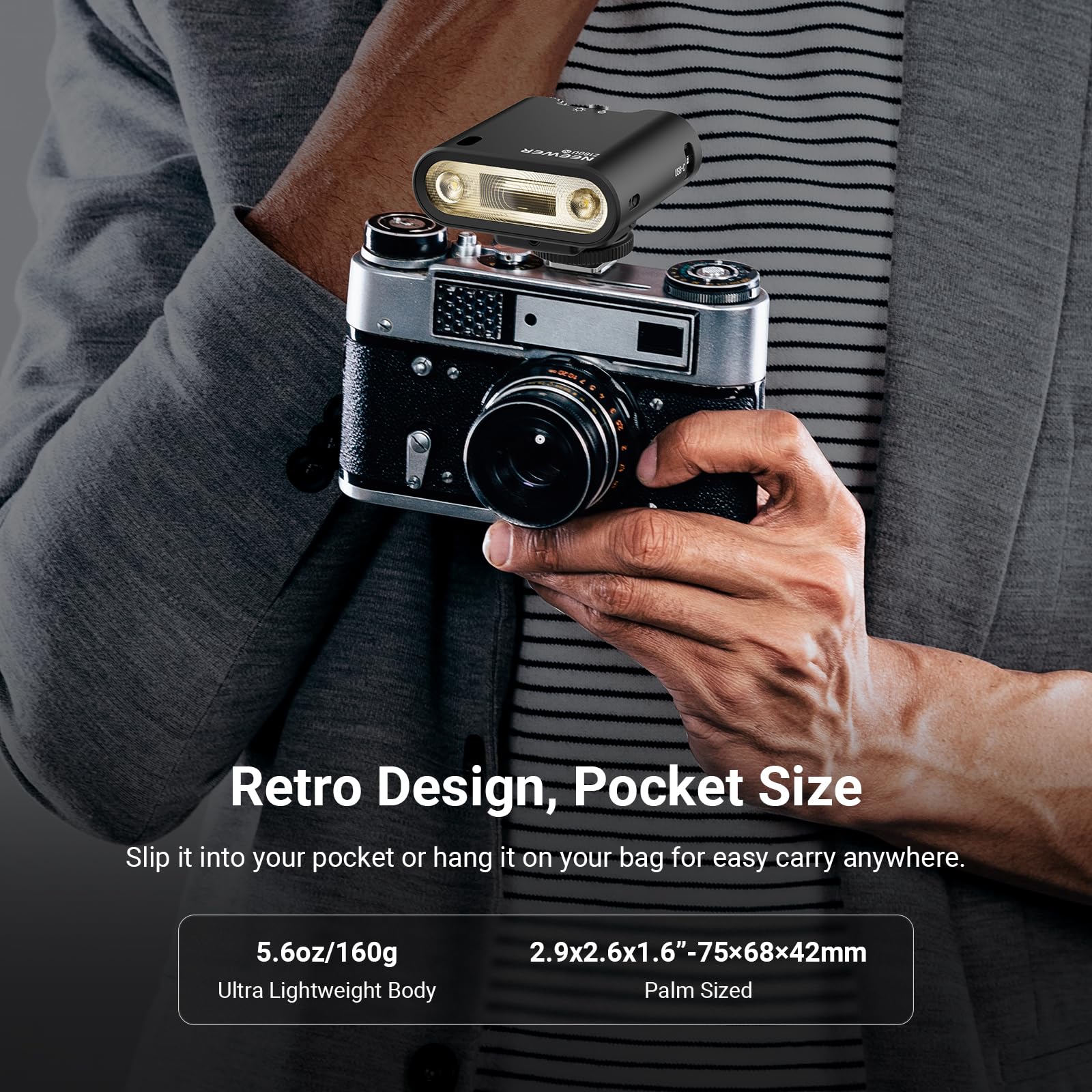 Retro Design, Pocket Size

Slip it into your pocket or hang it on your bag for easy carry anywhere.

5.6oz/160g  
Ultra Lightweight Body

2.9x2.6x1.6"-75x68x42mm  
Palm Sized