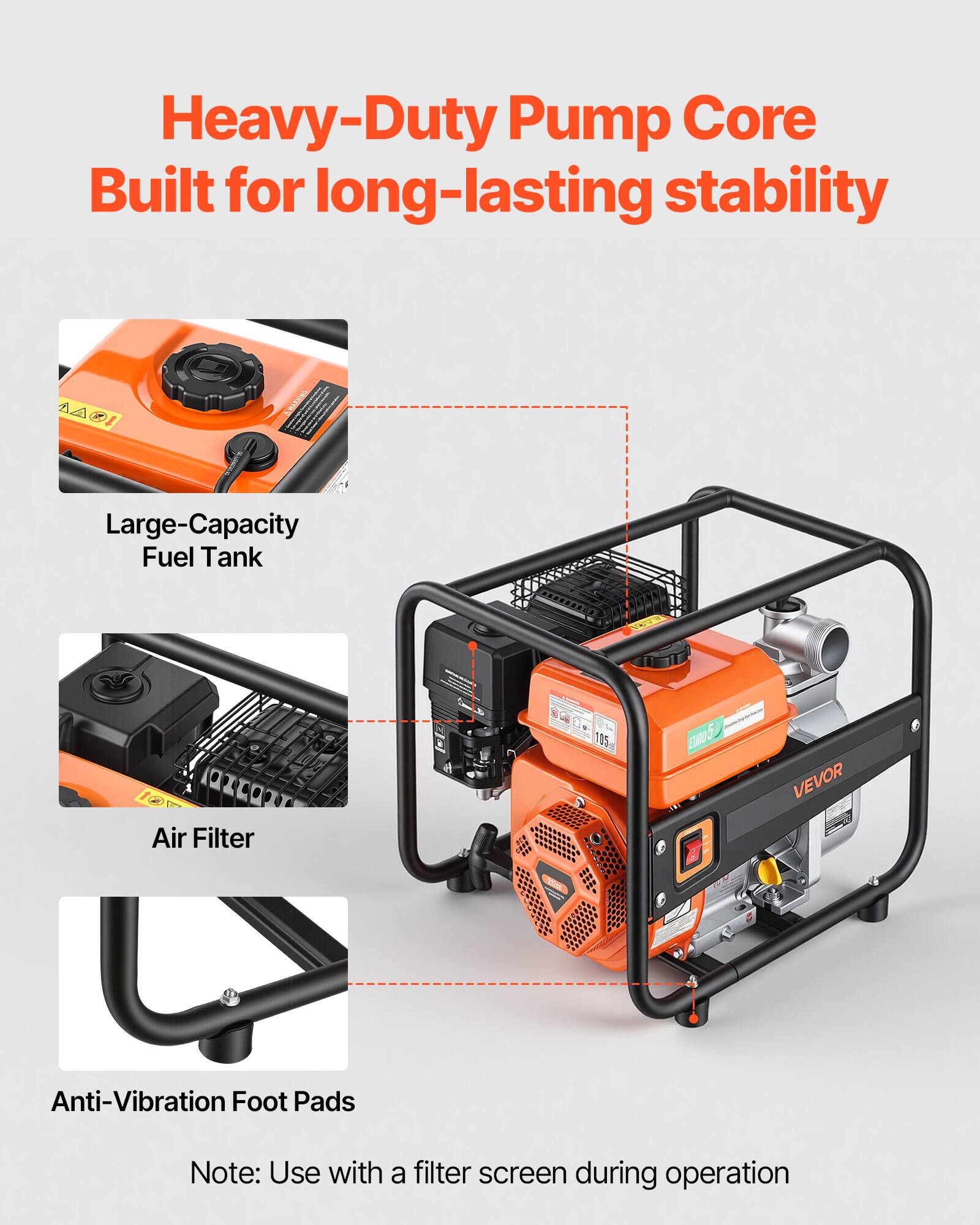 Heavy-Duty Pump Core Built for long-lasting stability

2 MAOI ABRN

Large-Capacity Fuel Tank

nrcgr

Air Filter - EARO 5

VEVOR

Anti-Vibration Foot Pads

Note: Use with a filter screen during operation