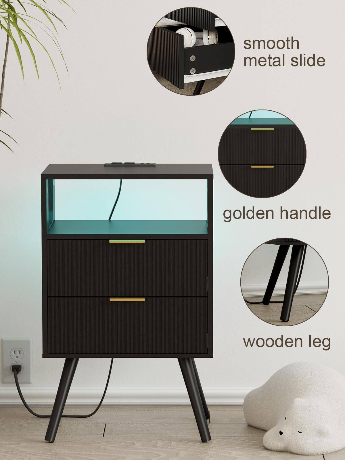 - smooth metal slide
- golden handle
- wooden leg