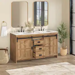 U-HOMY - Farmhouse Bathroom Vanity with Ceramic Countertop, Sliding Barn Door and Storage Drawers for Organized Spaces - 60"- Brown