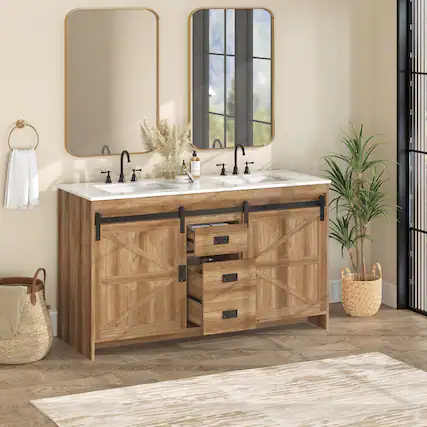 Front. U-HOMY - Farmhouse Bathroom Vanity with Ceramic Countertop, Sliding Barn Door and Storage Drawers for Organized Spaces - 60"- Brown.