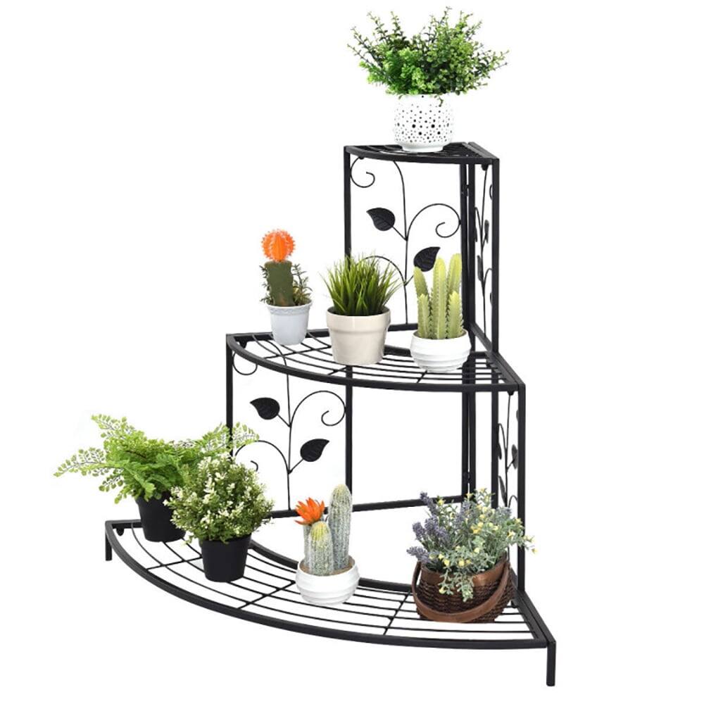 Left. Kadyn - Raised Planter Stand, Large Space Flower Rack Shelf, 3 Tier Floral Corner Metal Plant Pot Rack.
