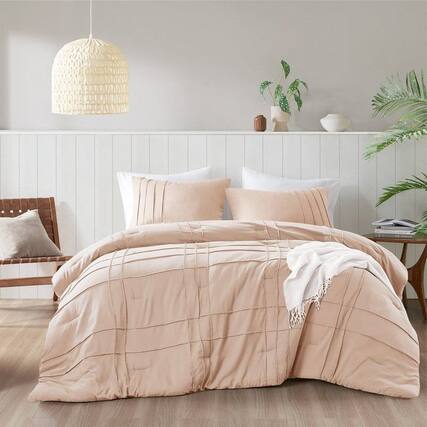 Front. Hivvago - King Size Microfiber Pleated Soft Washed Comforter Set Pink Blush Color - Pink Blush.
