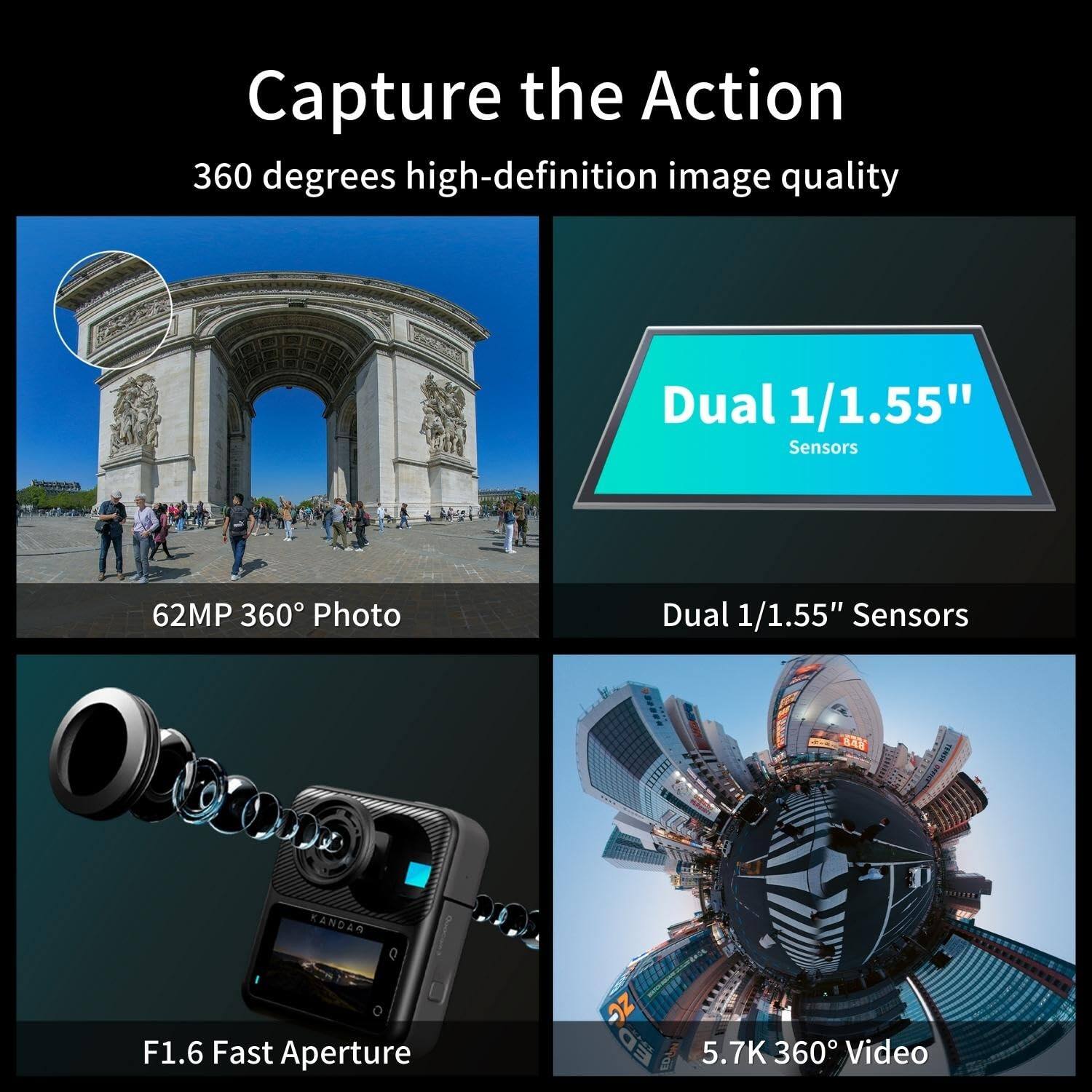 Capture the Action  
360 degrees high-definition image quality  

Dual 1/1.55" Sensors  
62MP 360° Photo  

Dual 1/1.55" Sensors  
F1.6 Fast Aperture  

5.7K 360° Video
