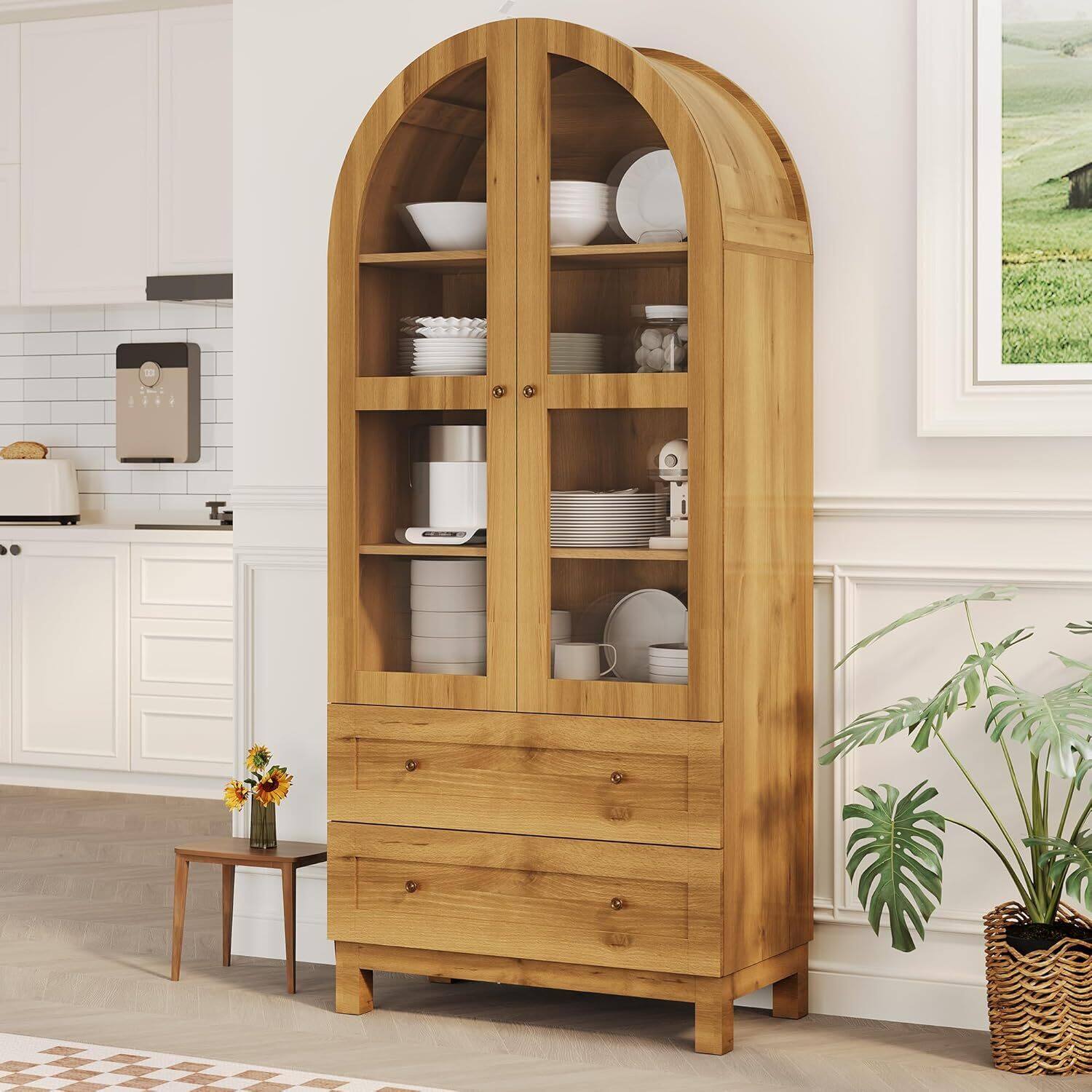Front. Babevy - 71" Tall Arched Kitchen Pantry Cabinet - Natural.