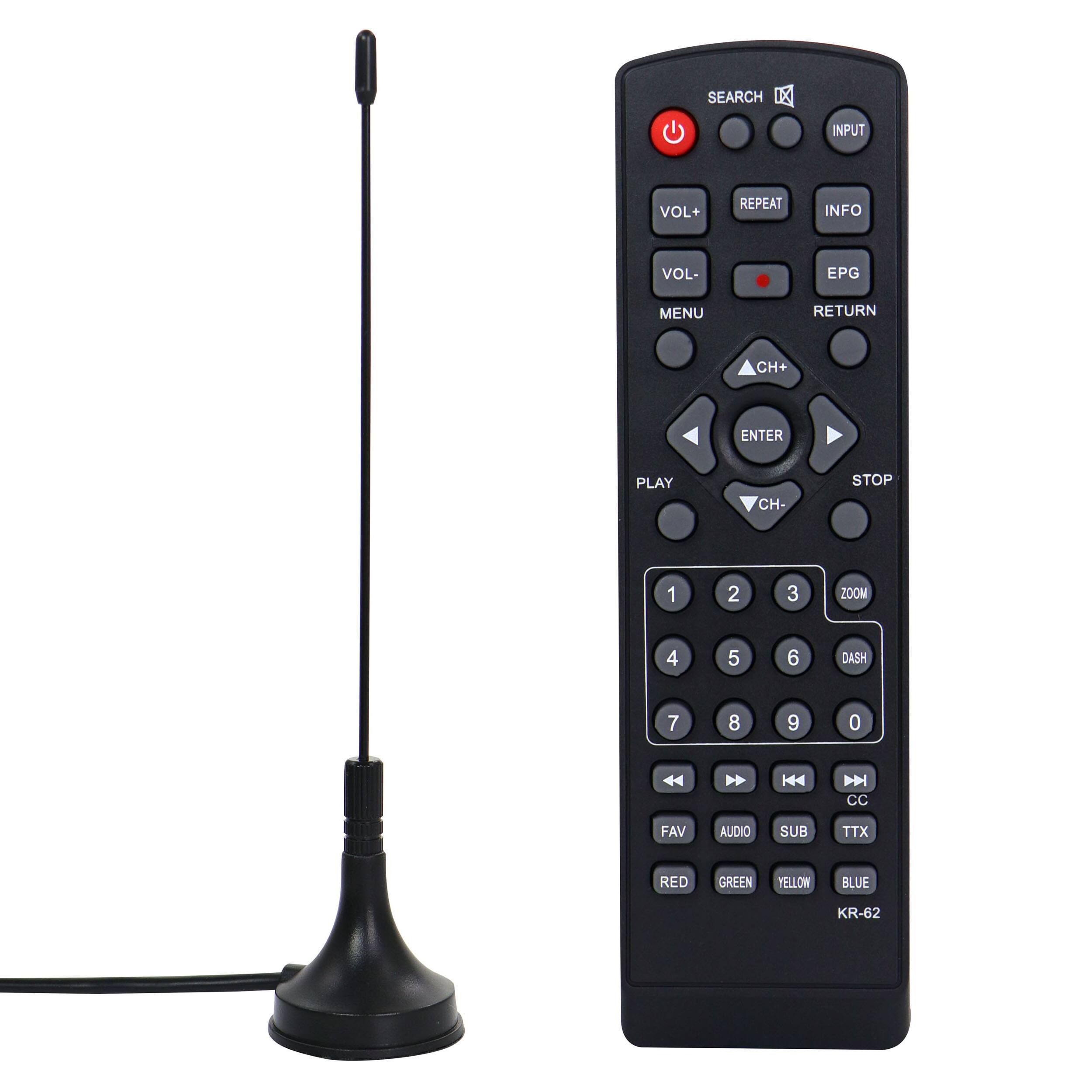 The text on the image reads:

SEARCH 13 INPUT VOL+ REPEAT INFO VOL- EPG MENU RETURN CH+ ENTER PLAY CH- STOP 1 2 3 ZOOM 4 5 6 DASH 7 8 9 0 H4 D CC FAV AUDIO SUB TTX RED GREEN YELLOW BLUE KR-62