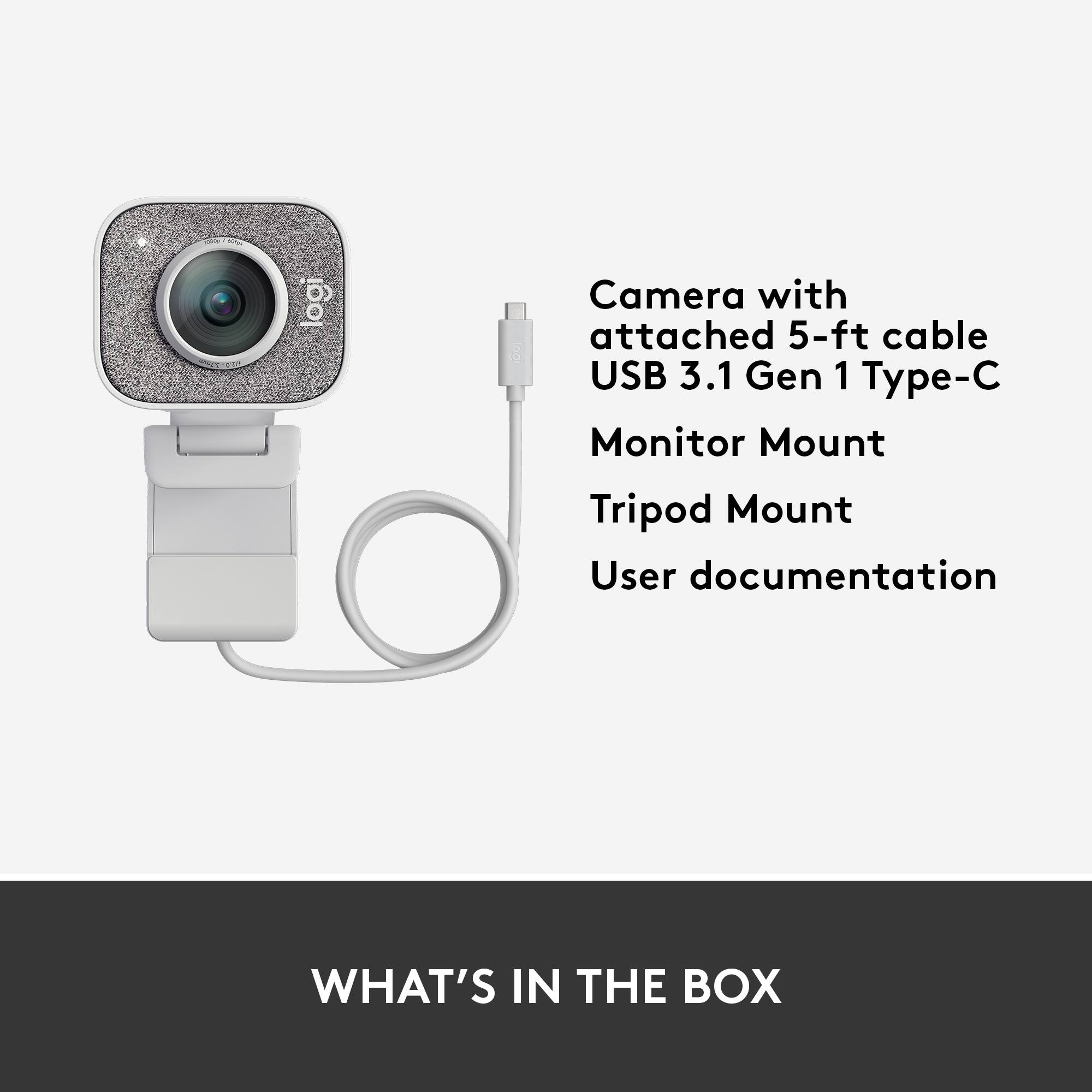 What's in the box: Logi Camera with attached 5-ft cable USB 3.1 Gen 1 Type-C Monitor Mount Tripod Mount User documentation