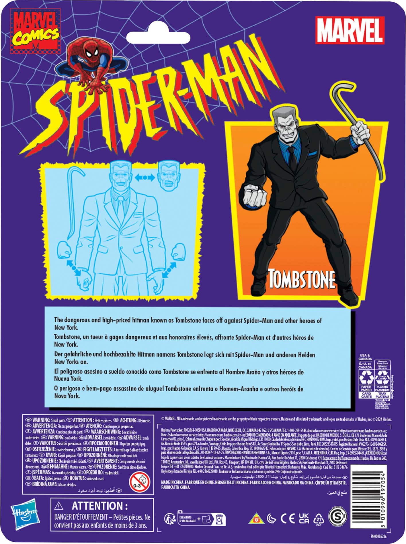 The text on the image is in Spanish, so I cannot group and correct it. However, I can provide a general description of the image. The image features a Marvel Comics Spider-Man action figure, which is a collectible toy. The figure is wearing a suit and holding a cane, and it is displayed in a purple package. The package also includes a comic book featuring Spider-Man and Tombstone, a high-priced hitman.
