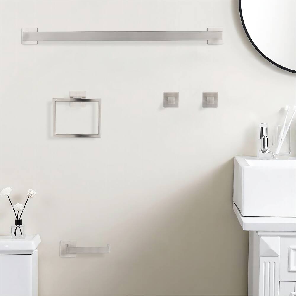 Left. JUJABU - 5-Piece Bathroom Set Towel Bar + Ring + Hooks + TP Holder, Brushed Nickel - Brushed Nickel.