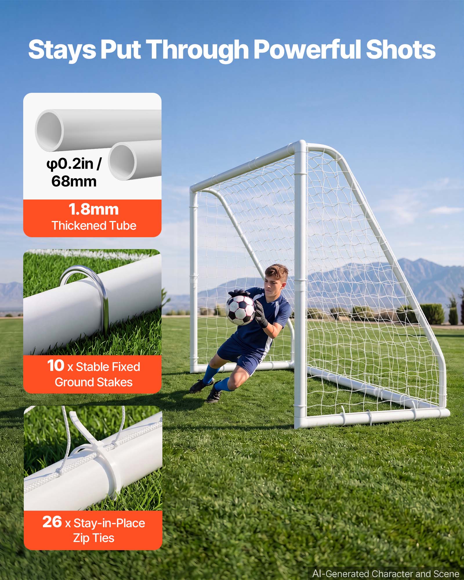 Stays Put Through Powerful Shots  
φ0.2in / 68mm  
1.8mm Thickened Tube  
10 x Stable Fixed Ground Stakes  
26 x Stay-in-Place Zip Ties  
AI-Generated Character and Scene