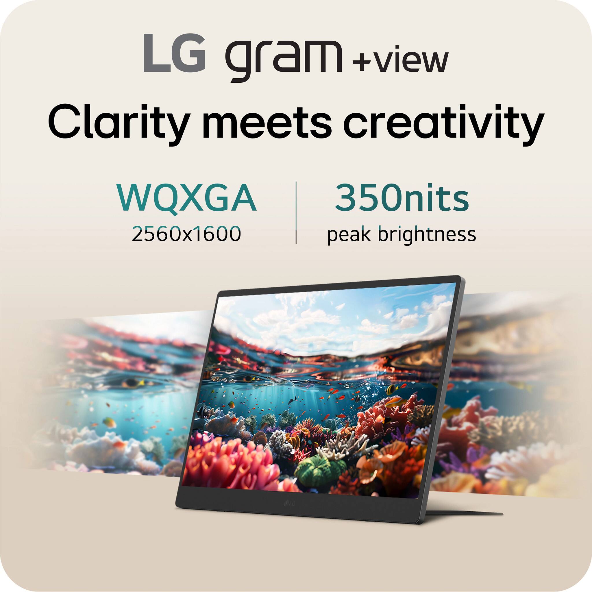 LG gram + view
Clarity meets creativity
WQXGA
2560x1600
350nits
peak brightness