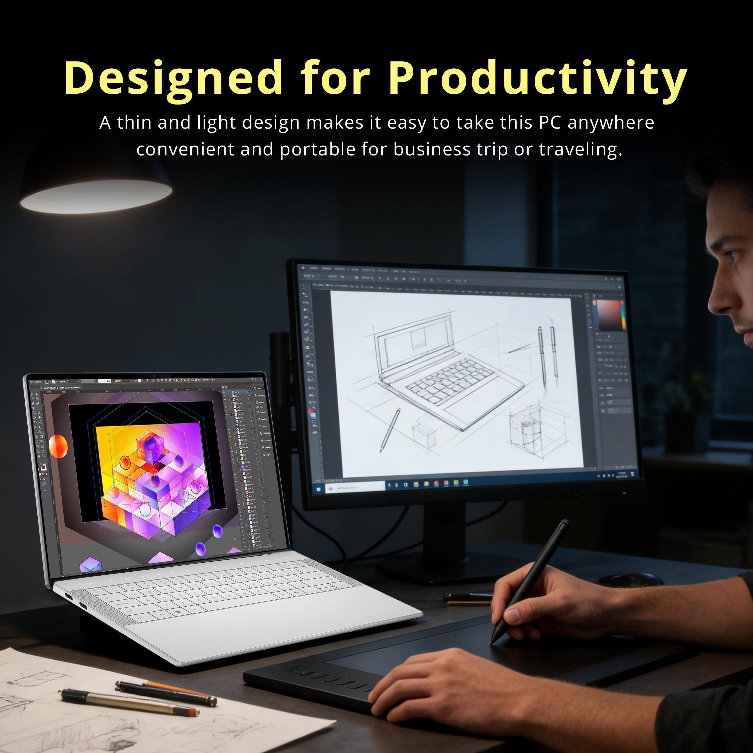 Designed for Productivity  
A thin and light design makes it easy to take this PC anywhere convenient and portable for business trip or traveling.