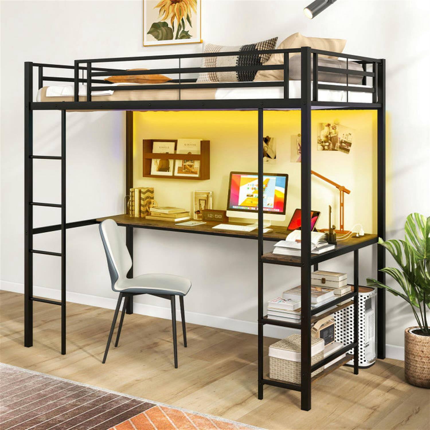 Alt View 1. Pefilos - Twin Size Loft Bed Raised Platform Bed with Desk and 2 Storage Shelves for Teens, Black - Black.