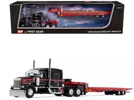 First Gear - Kenworth W900L with 72 AeroCab Sleeper and Landoll 440B50CA Traveling Axle Trailer 1/64 by DCP/First Gear - Black and Red